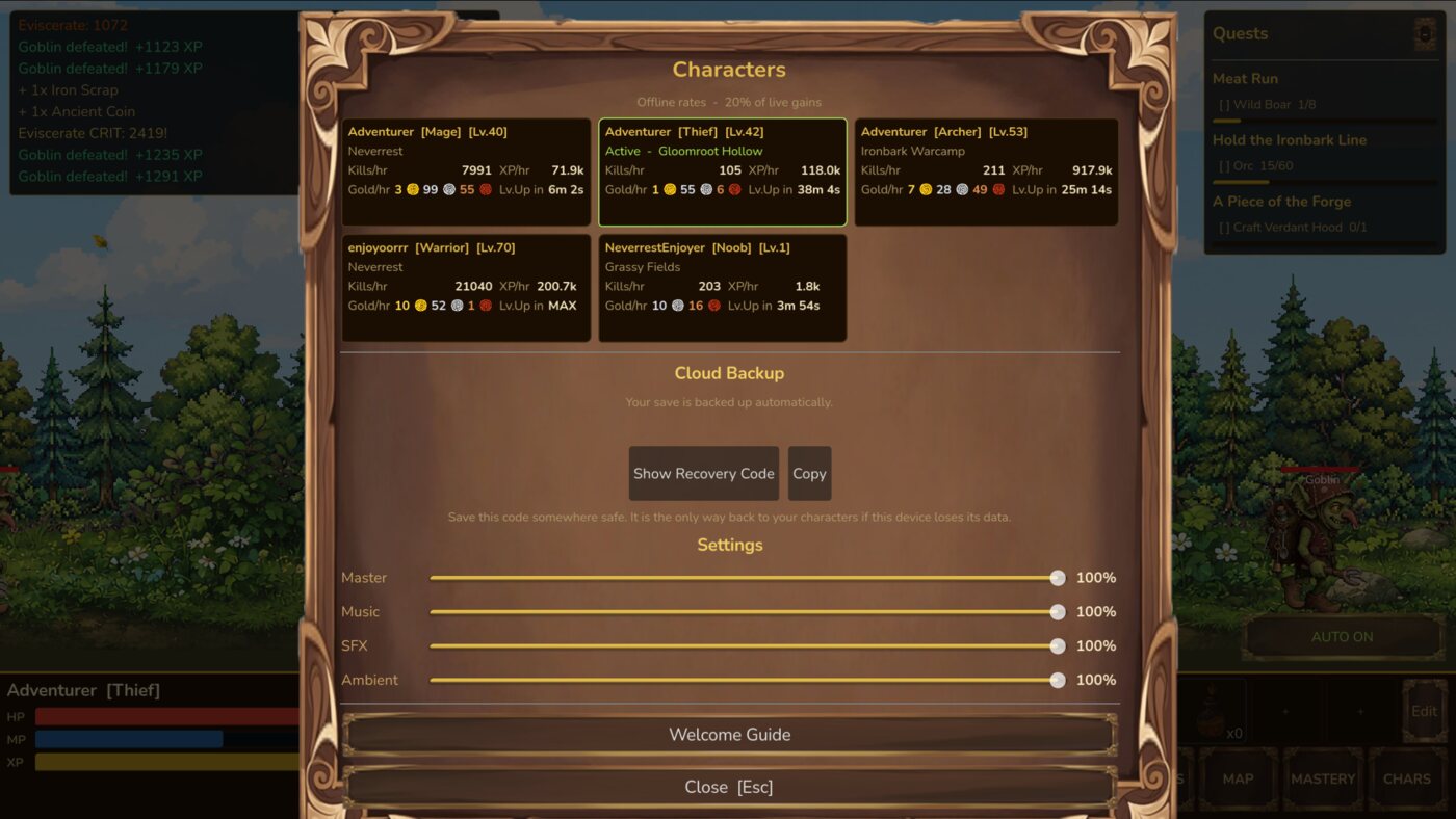 Multi-character offline idle earnings panel in Neverrest