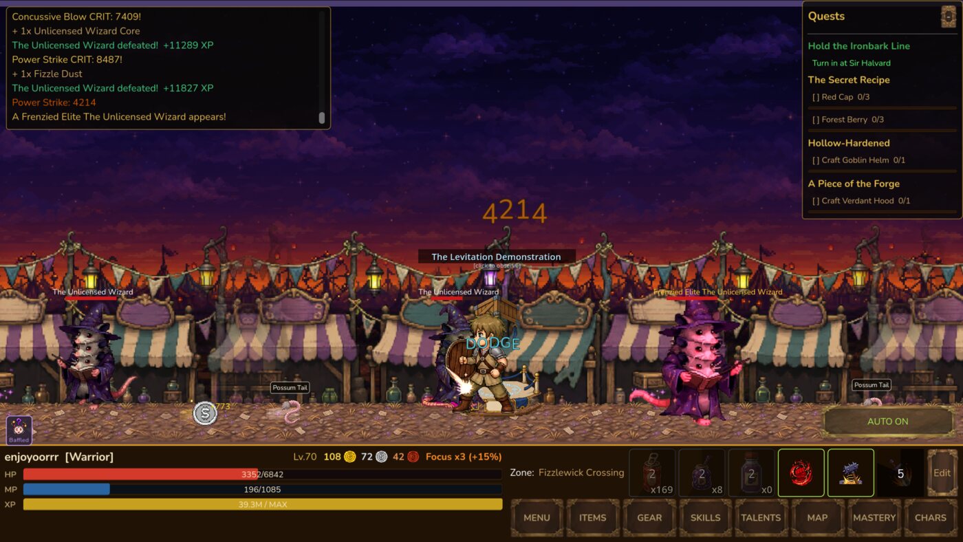 Auto-combat against a market full of Unlicensed Wizards in Neverrest