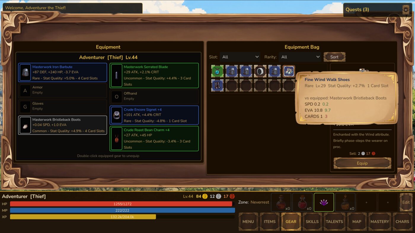 Equipment and item tooltip comparison screen in Neverrest