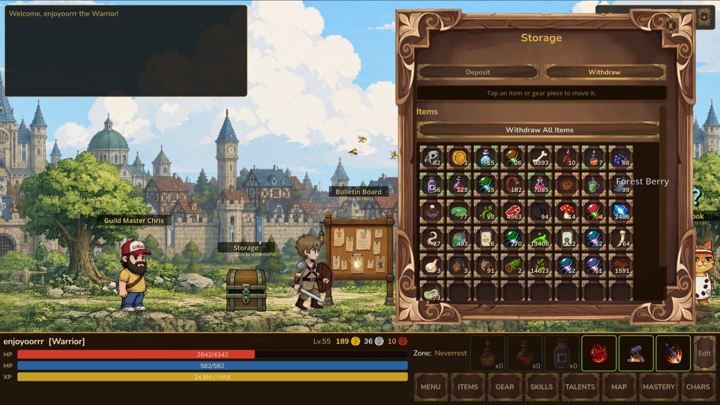 Town hub with storage and guild master in Neverrest